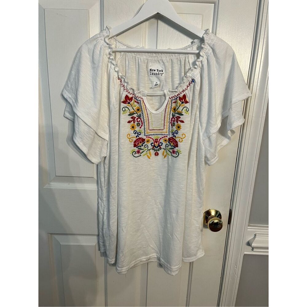 New York Laundry White Embroidered Gauzy Blouse sz 2X EUC